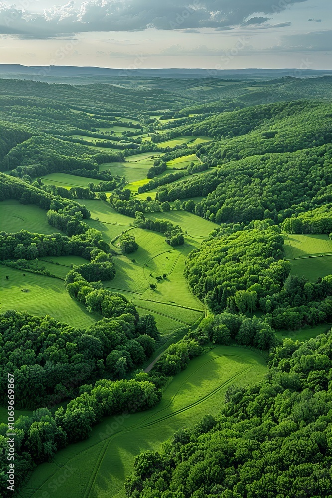 Obraz premium Graphic Aerial view of green landscape with fields and forests, expansive French countryside