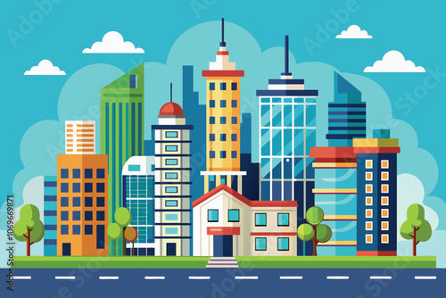 Flat Design Illustration of a Modern Cityscape With Tall Buildings and a Street