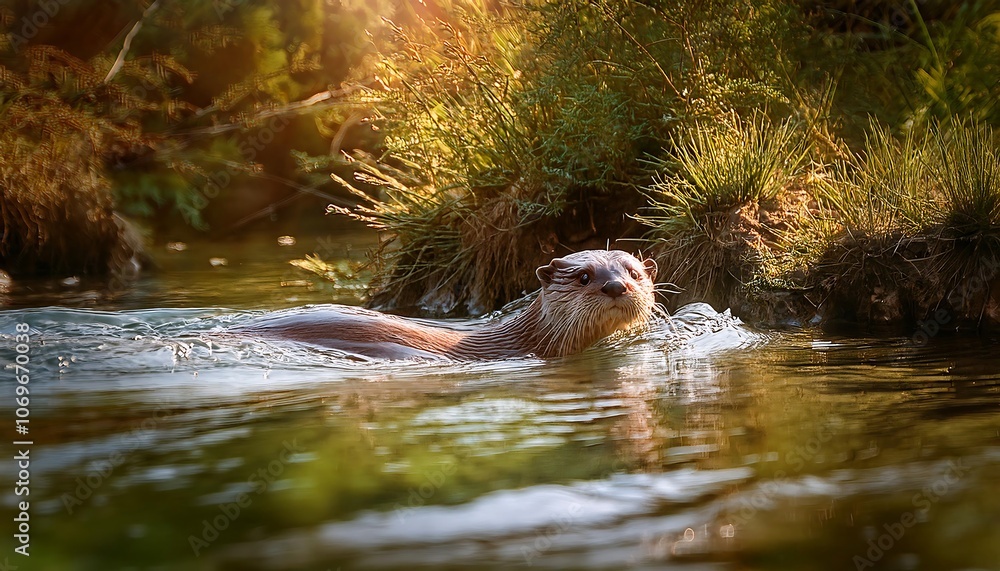 A European otter swims through a clear stream, its sleek body moving effortlessly through the water. The sun shines through the trees, illuminating the scene with a golden light. A European otter swims through a clear stream, its sleek body moving effortlessly through the water. The sun shines through the trees, illuminating the scene with a golden light.