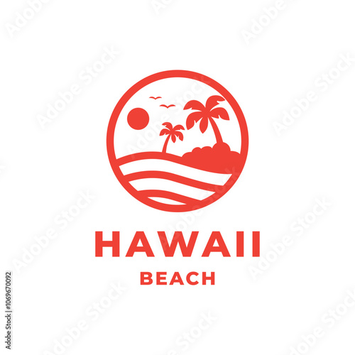 A vibrant logo featuring a Hawaiian beach scene, capturing tropical vibes with palm trees, ocean waves, and sunshine. Perfect for travel, beachwear, or vacation.