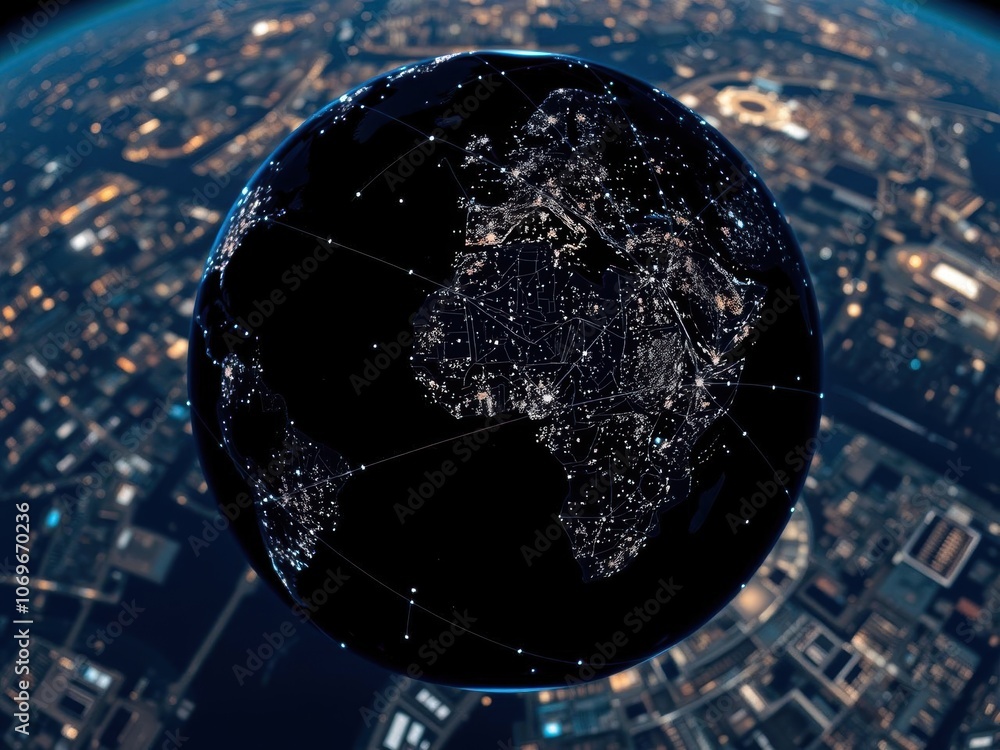 Obraz premium A mesmerizing aerial view of Earth at night, with a network of digital lines and dots connecting cities and locations globally, Earth, illuminated