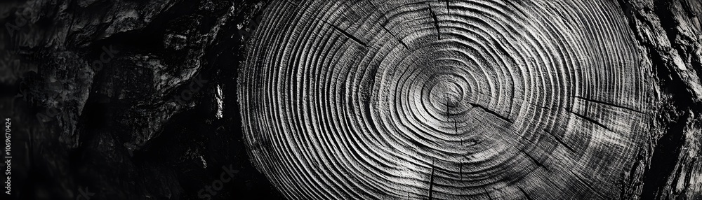 Fototapeta premium Close-up of a tree trunk's cross-section, revealing a pattern of rings and cracks