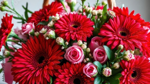 A stunning red basket filled with vibrant flowers like roses, gerberas, and carnations, creating a beautiful and eye-catching floral arrangement, floral, carnations photo