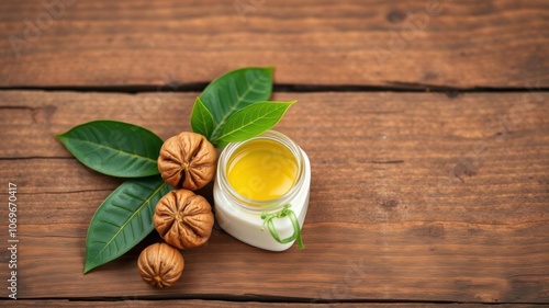 A top view of natural coconut walnut oil and soap on a wooden surface, with green leaves scattered around, beauty, bath