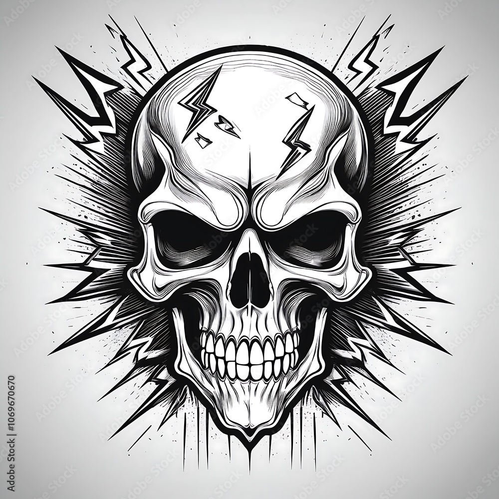 Fototapeta premium A skull with lightning bolts exploding around it, in black and white.