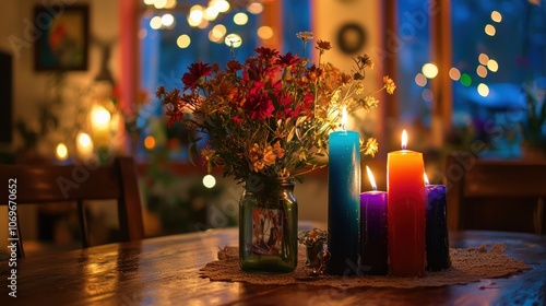 Colorful decorations and candles adorning a home for a warm Jewish New Year celebration photo