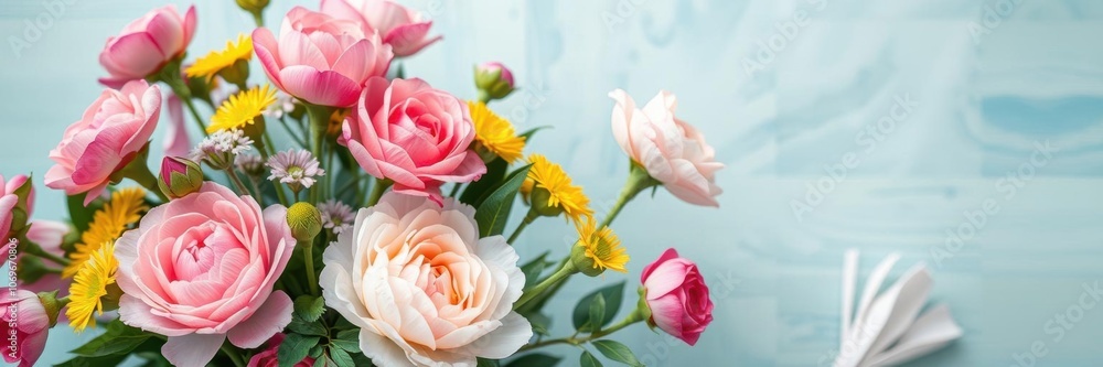 Beautiful and vibrant fresh pink peonies and roses arranged in a bunch with ample copy space, bouquet, fresh Beautiful and vibrant fresh pink peonies and roses arranged in a bunch with ample copy space, bouquet, fresh