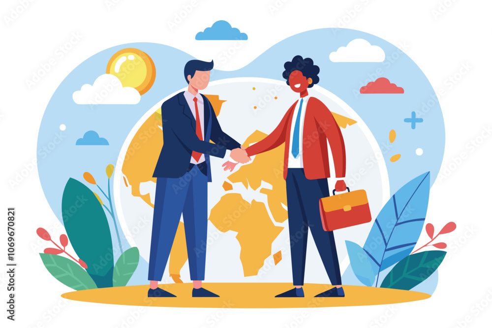 Businessmen Shaking Hands In Front of Global Map Illustration Businessmen Shaking Hands In Front of Global Map Illustration
