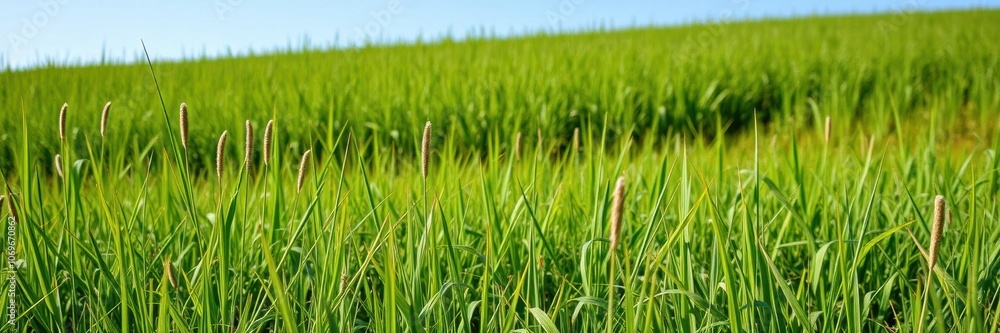Beautiful vibrant lush green meadow with bright blue sky in the background, spring, environment Beautiful vibrant lush green meadow with bright blue sky in the background, spring, environment