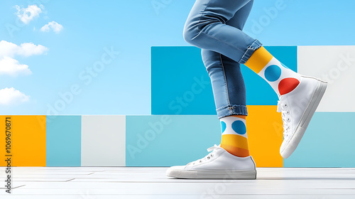 Bold geometric patterned socks on feet, standing on colorful background. vibrant colors and playful design create cheerful atmosphere