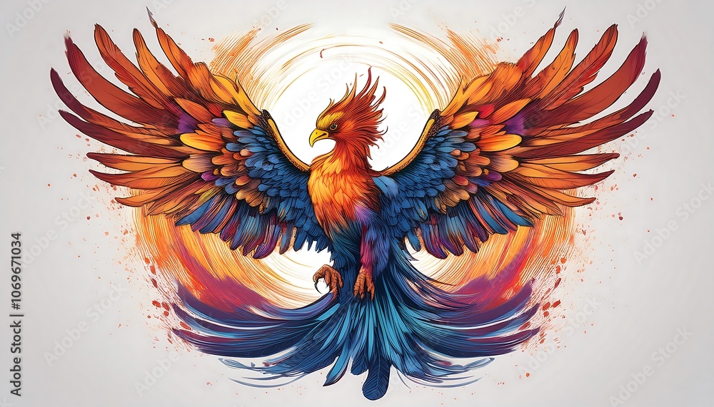 Naklejka premium A vibrant, colorful phoenix with its wings spread wide, set against a bright orange and yellow background.