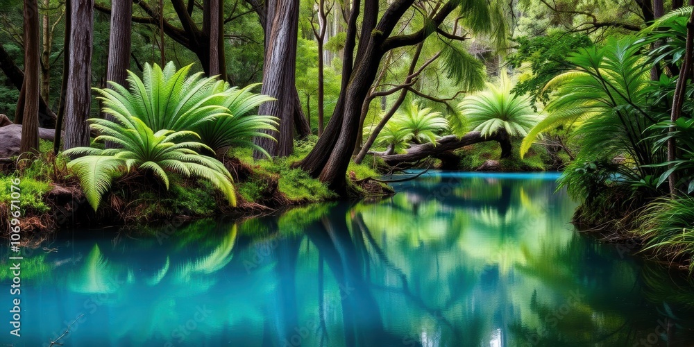 Bright blue pond reflecting surrounding punga fern trees in Whakarewarewa Forest, Rotorua, New Zealand, Peaceful, Nature Bright blue pond reflecting surrounding punga fern trees in Whakarewarewa Forest, Rotorua, New Zealand, Peaceful, Nature