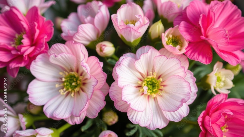 Close-up of beautiful pink and white ranunculus flowers in full bloom, fresh, beauty Close-up of beautiful pink and white ranunculus flowers in full bloom, fresh, beauty