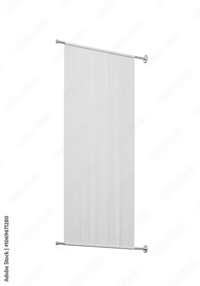 Blank fabric banner hanging vertically between rods on a white background, isolated. Concept of display or presentation. 3D Rendering Blank fabric banner hanging vertically between rods on a white background, isolated. Concept of display or presentation. 3D Rendering