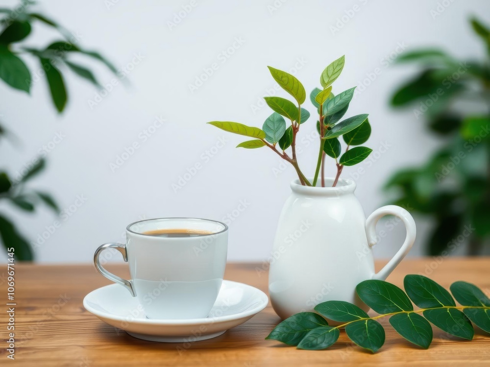 Closeup white cup of coffee with small trees and green leaf in vase on wooden table, green leaf, small Closeup white cup of coffee with small trees and green leaf in vase on wooden table, green leaf, small
