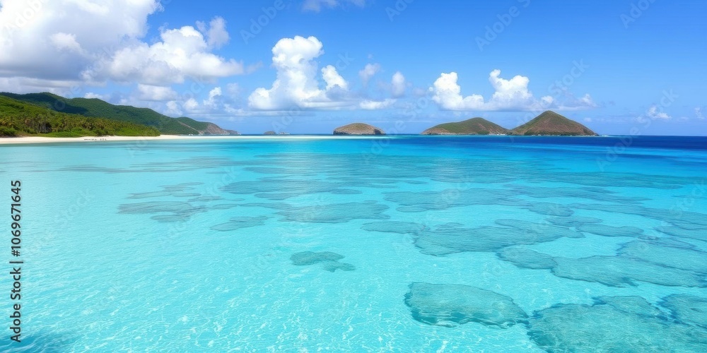Crystal clear turquoise waters surrounding uninhabited islands in Tobago Cays, Caribbean West Indies, West Indies, natural beauty Crystal clear turquoise waters surrounding uninhabited islands in Tobago Cays, Caribbean West Indies, West Indies, natural beauty