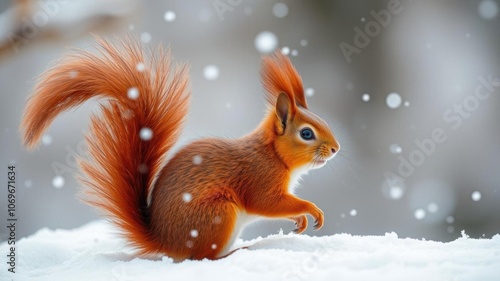 Cute red squirrel playing in the falling snow with fluffy tail raised high, fluffy, season photo