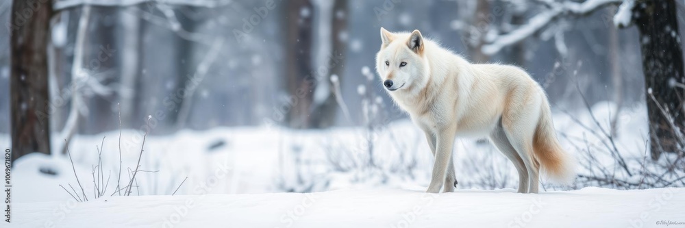 Obraz premium Eurasian wolf gracefully standing in a snow-covered forest, snow, wild animal