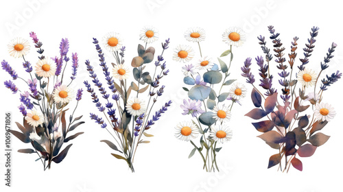 Fototapeta Naklejka Na Ścianę i Meble -  Watercolor Flower Bouquets With Daisies and Eucalyptus Generative AI