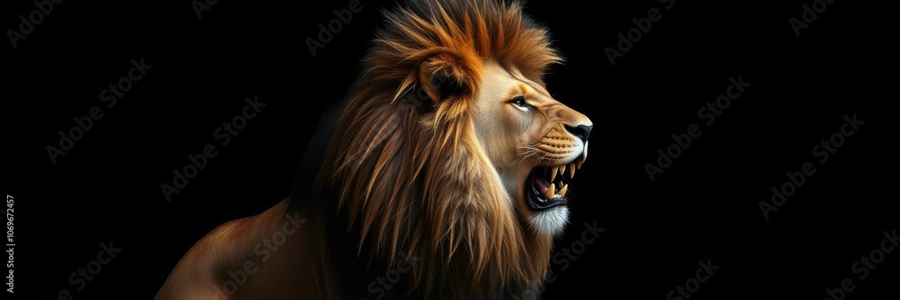 Fototapeta premium Majestic Lion King with flowing mane isolated on black background, mane, predator