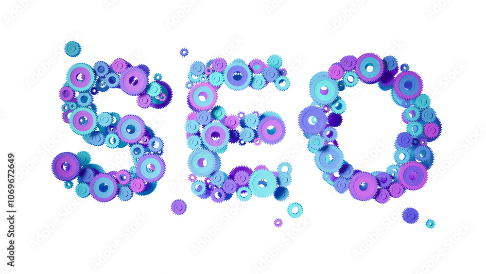 Text SEO made of colorful gears on white background, creative concept of search engine optimization. 3D Rendering Text SEO made of colorful gears on white background, creative concept of search engine optimization. 3D Rendering