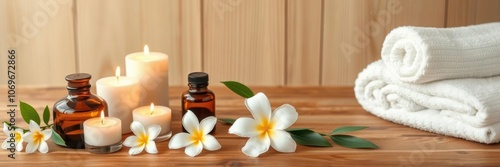 Spa still life featuring white flowers, candles, and towels on a wooden table, rejuvenation, tranquility