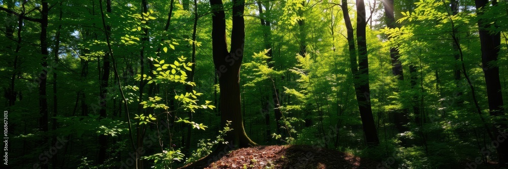 Obraz premium Sunlight streaming through rich green leaves in a serene forest setting, natural, shadows