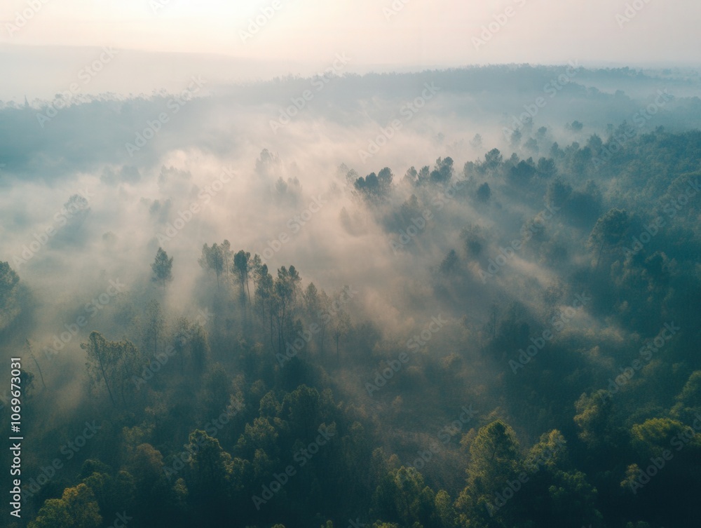 Naklejka premium Aerial View of Misty Forest Canopy at Dawn
