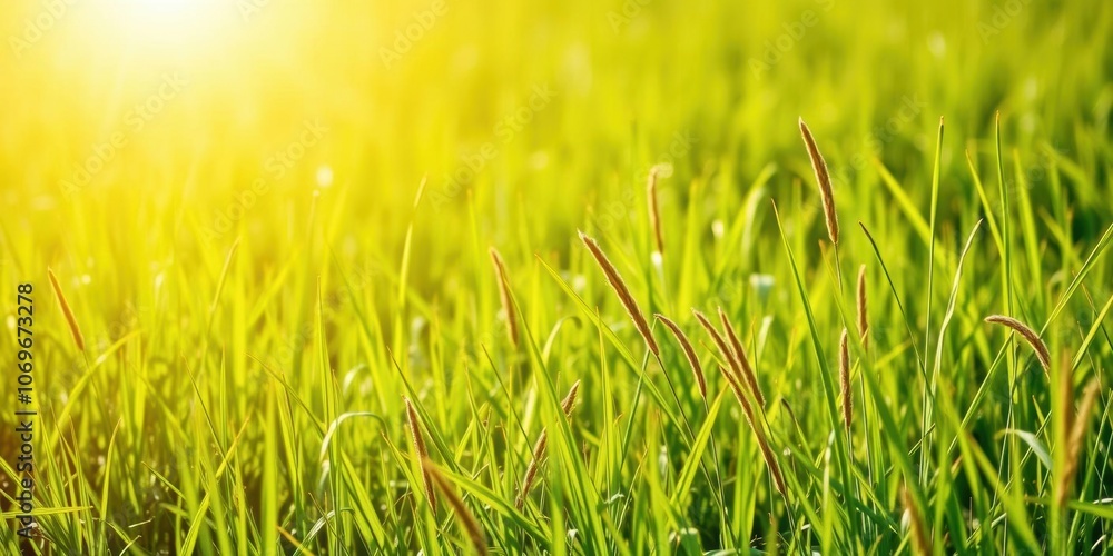 Obraz premium Vibrant and lush green grass meadow under a clear blue sky, nature, grass