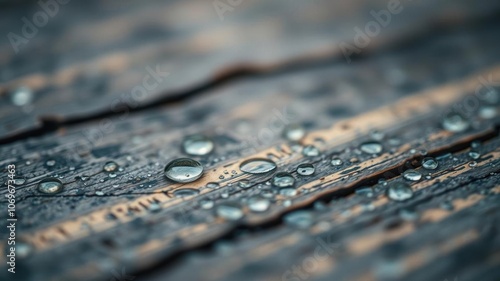 Water drops in various sizes and shapes creating a beautiful pattern on wooden surface in tinted colors Shallow depth of field, wooden material, artistic