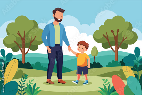 Father And Son Walking In Park On Sunny Day
