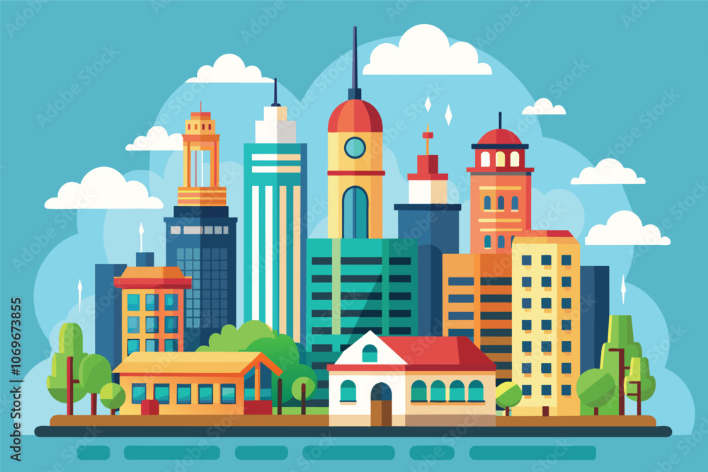 Obraz premium Colorful Cityscape With Tall Buildings and a Small Townhouse