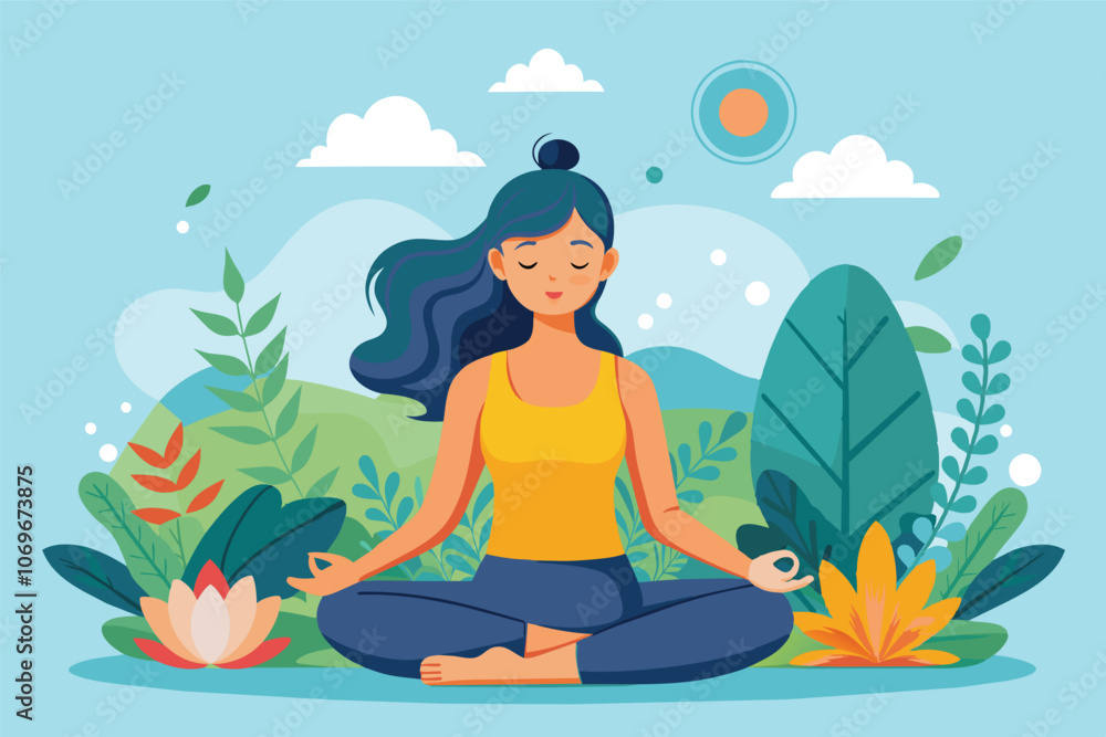 Woman Meditating in a Lush Green Garden With Blue Sky Woman Meditating in a Lush Green Garden With Blue Sky