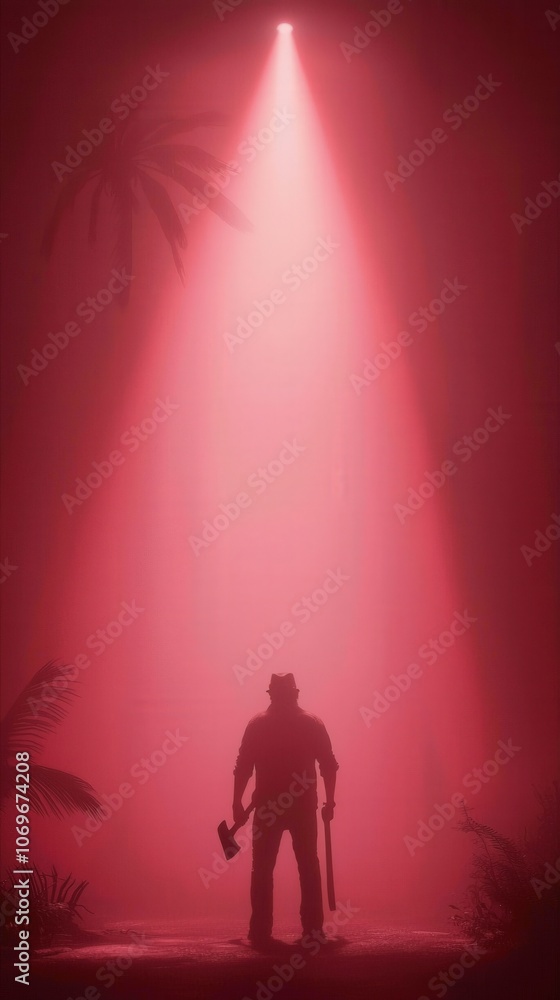 Silhouette of Man with Axes in Red Foggy Forest Silhouette of Man with Axes in Red Foggy Forest