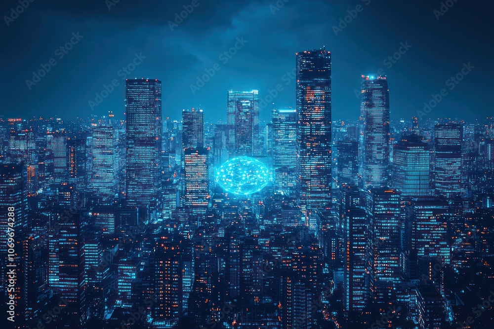Naklejka premium Nighttime Cityscape with a Glowing Neural Network Representation