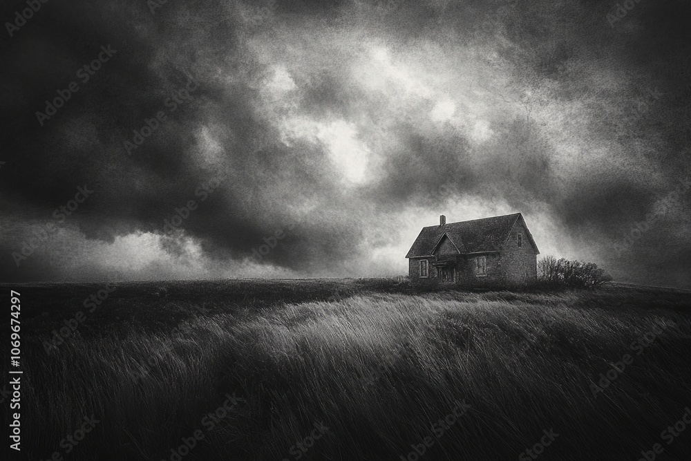 Fototapeta premium A solitary farmhouse stands on a windswept hill, shrouded in ominous clouds.