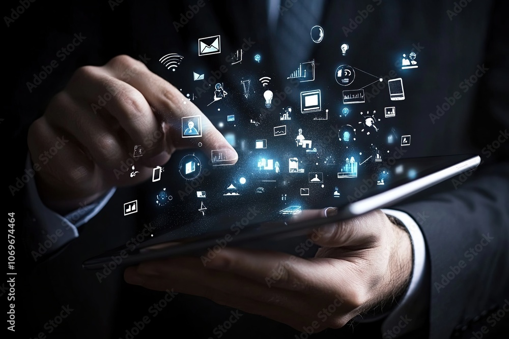 A businessman's hand interacts with a tablet, launching a digital world of technology and communication icons. A businessman's hand interacts with a tablet, launching a digital world of technology and communication icons.