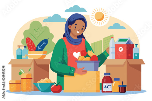 Woman Donating Food and Supplies to a Food Bank on a Sunny Day