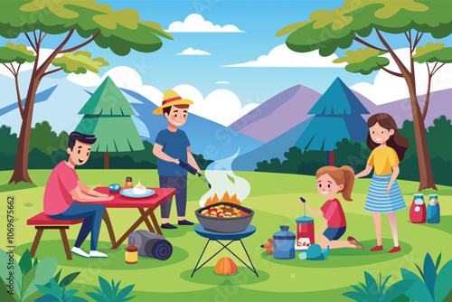 Family Camping Trip With a Mountain View and Food Cooking on a Campfire