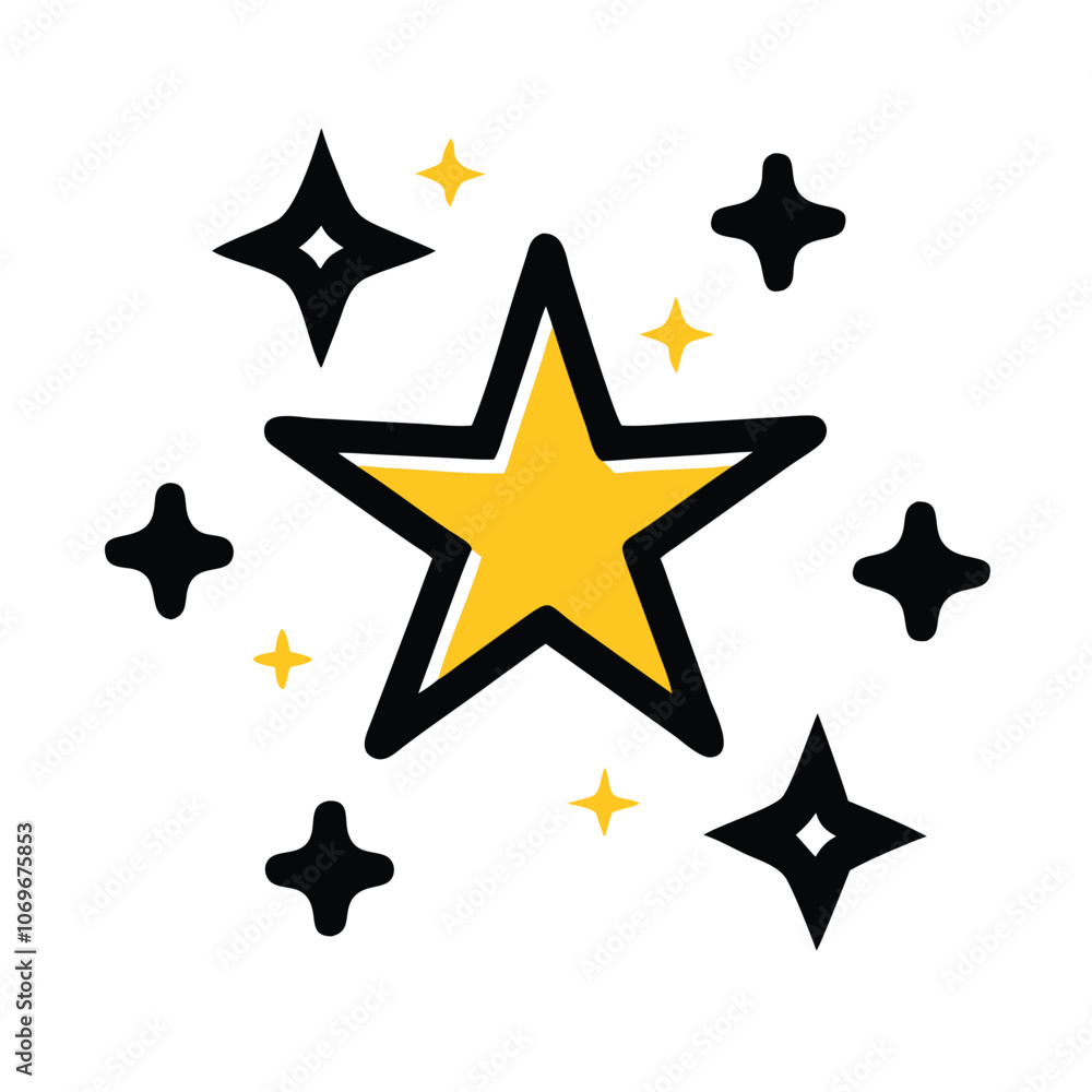 Obraz premium Yellow Star with Black and Yellow Sparkles, Illustration of a bold yellow star surrounded by black and yellow sparkles, representing excellence, shine, and a celebratory mood. 