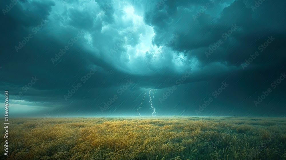 Dramatic Stormy Landscape with Lightning Strike Over a Field of Grass Dramatic Stormy Landscape with Lightning Strike Over a Field of Grass
