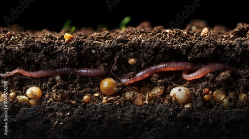 Earthworms Burrowing in Fertile Soil Layer. Close-up of earthworms tunneling through a rich layer of soil, showcasing the natural composting process and soil health. photo