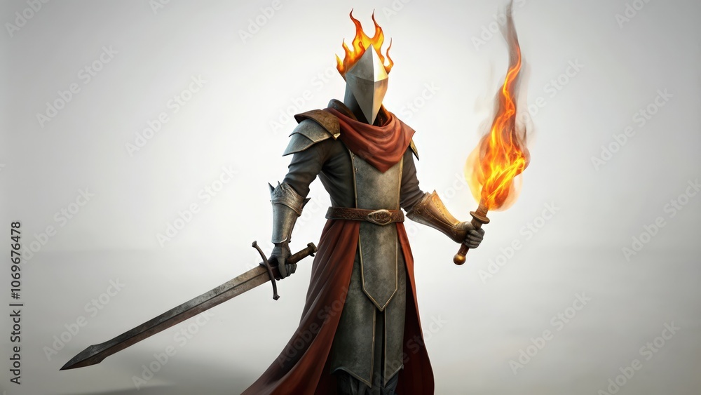 Fototapeta premium A Knight in Burning Armor Holding a Torch and Sword