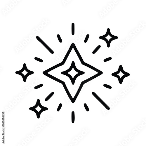 Radiating Diamond-Shaped Sparkle Icon, Black line art of a diamond-shaped sparkle with radiating lines, symbolizing brilliance, shine, and decorative elegance.
