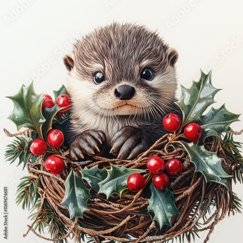 Adorable baby otter snuggled among winter garlands and holly berries bringing holiday cheer and warmth photo