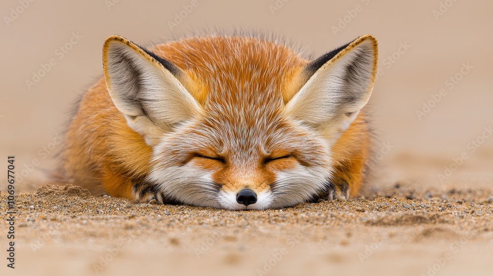 Obraz premium Adorable Fennec Fox Sleeping in the Sand Close up Portrait