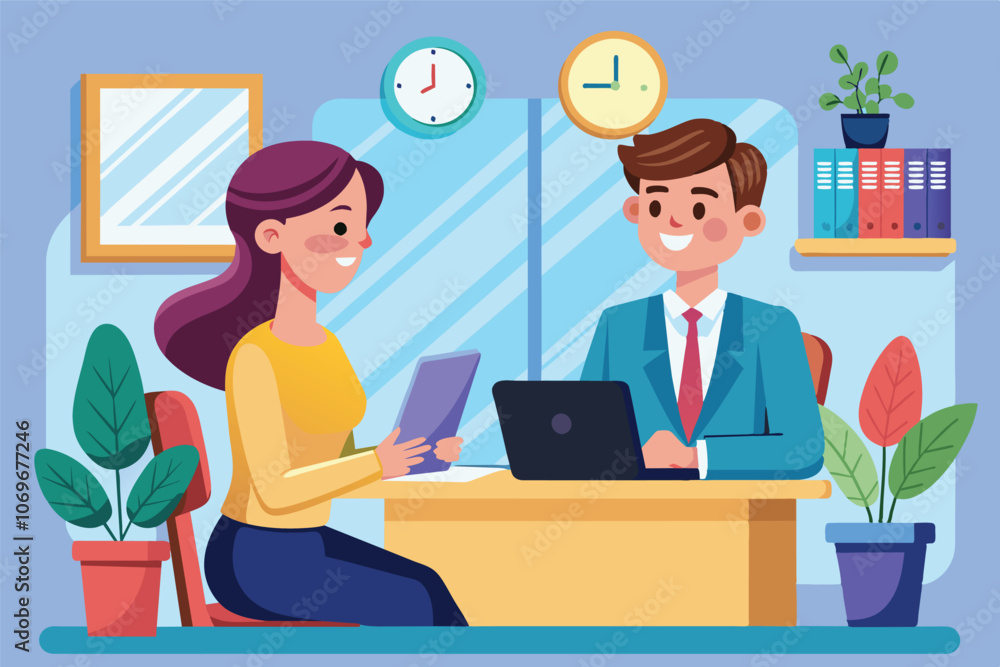 Businesswoman Meeting With Male Colleague At Desk In Office Businesswoman Meeting With Male Colleague At Desk In Office