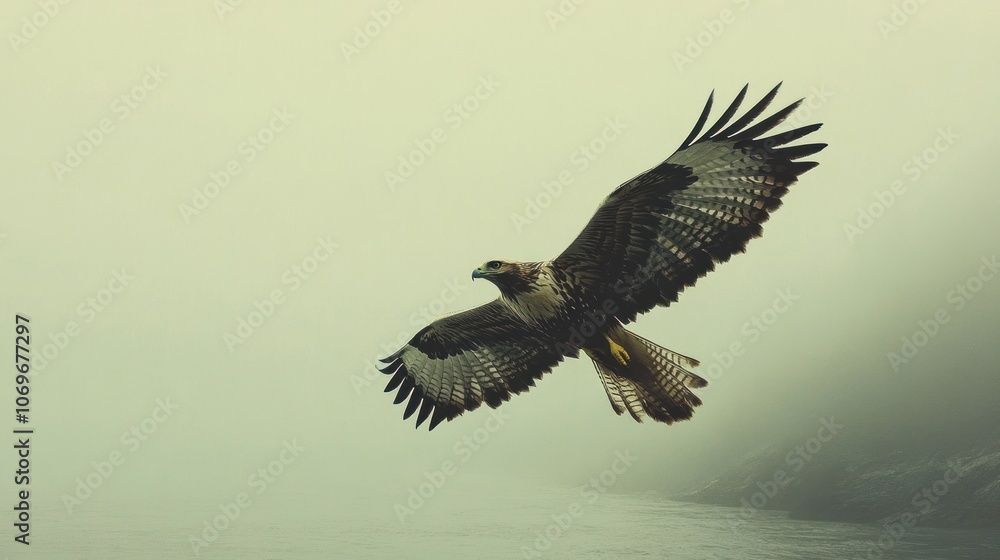 Fototapeta premium Eagle in Flight Through Misty Landscape