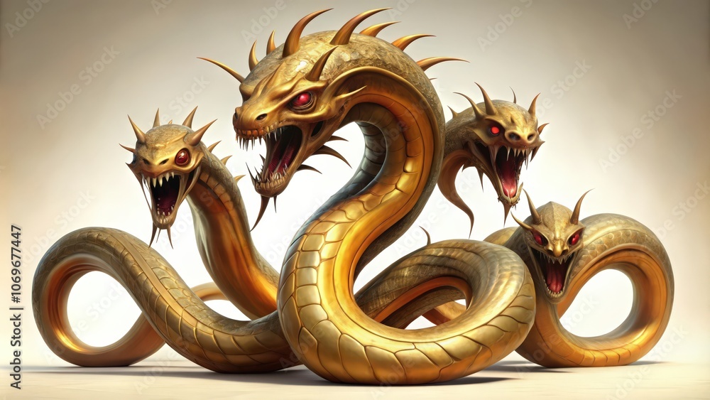 Obraz premium A Golden Three-Headed Serpent with Spiked Horns