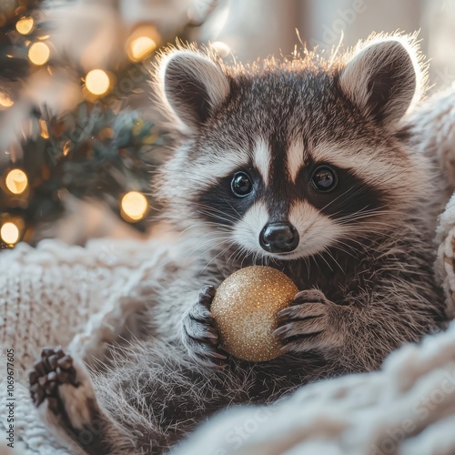 Adorable raccoon cradling a shiny ornament beside a beautifully decorated christmas tree in a cozy setting photo